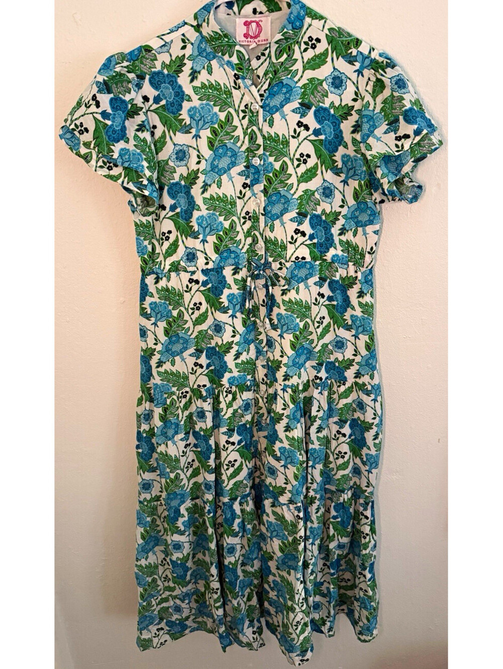 Victoria Dunn XS Floral Midi Dress Blue Green Button Front Tie Waist Tiered